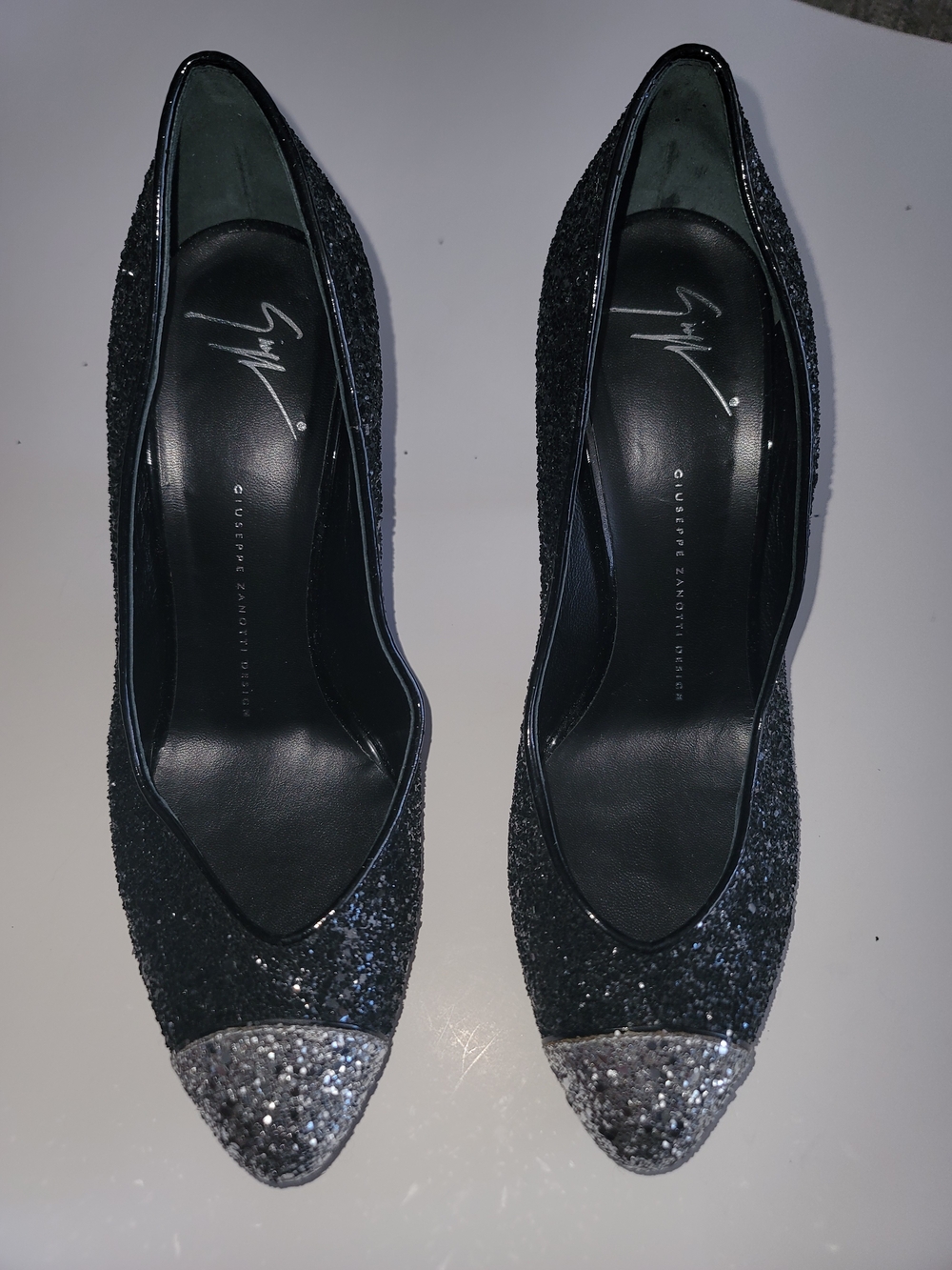 Giuseppe Zanotti Black and Silver Glitter Almond-Toe Pumps